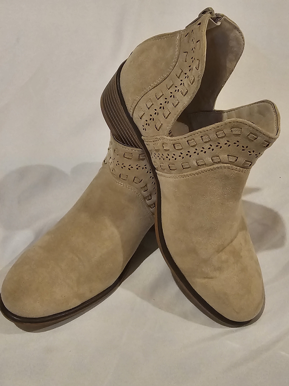 Pierre Dumas Beige Suede Ankle Booties with Cutout Collar